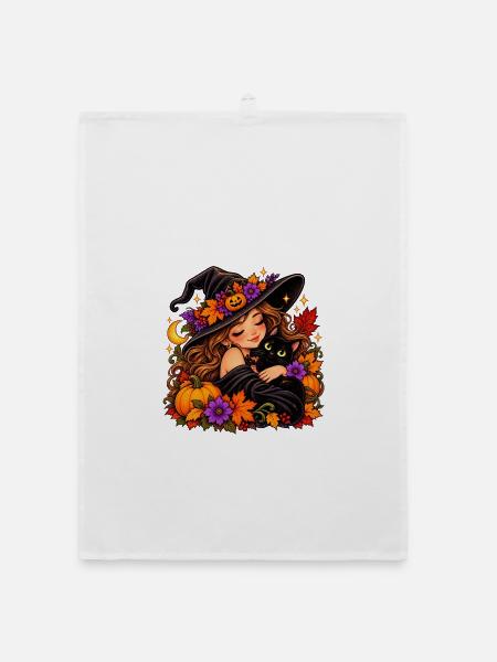 Cozy Witch & Black Cat Halloween - Organic Geschirrtuch - Weiß