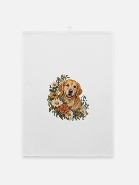 Golden Retriever im Wildblumenkranz - Organic Geschirrtuch - Weiß - Vorne