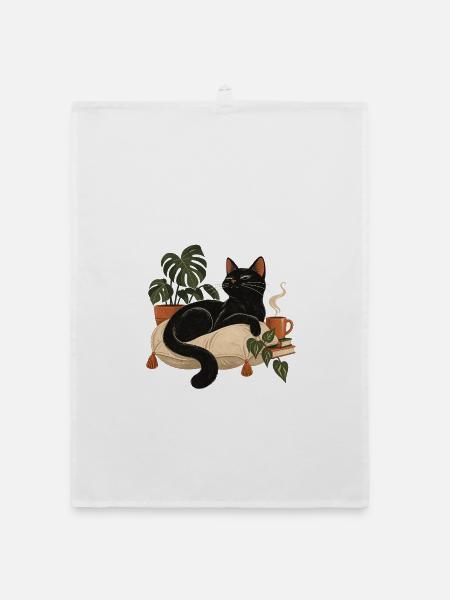 Schwarze Katze auf Kuschelkissen - Organic Geschirrtuch - Weiß