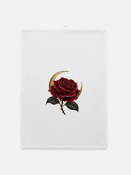 Dunkle Rose mit Mondsichel – Gothic Art - Organic Geschirrtuch - Weiß
