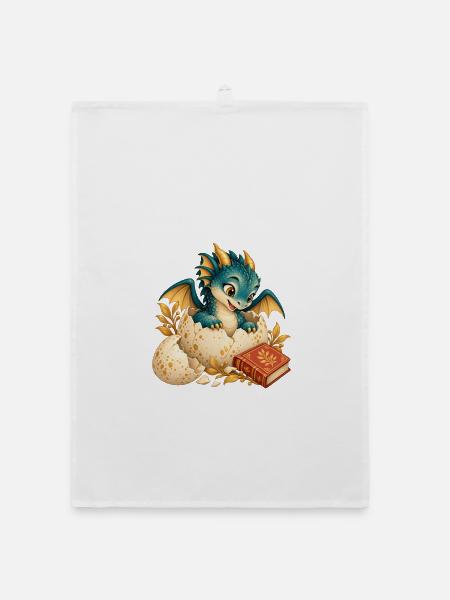 Neugeborener Drache zwischen Eiern und Buch - Organic Geschirrtuch - Weiß - Vorne