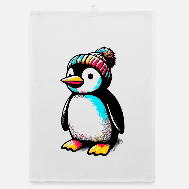Penguin with winter wool cap hat Organic dish towel
