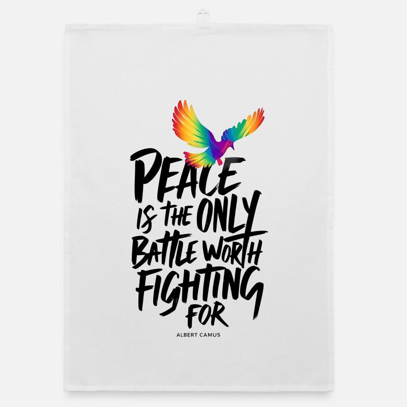 Fiery Rainbow Dove with Peace Text Organic dish towel
