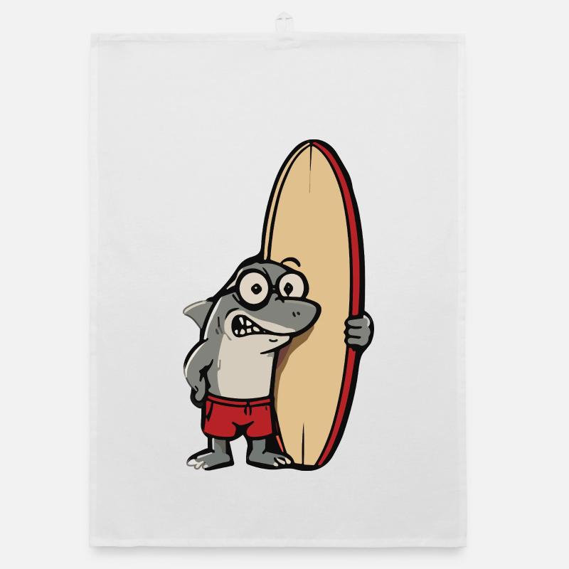 Dessin animé requin surfeur avec planche de surf Torchon bio