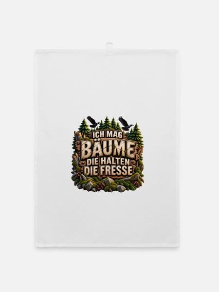 Ich mag Bäume Spruch – Holzoptik & Raben - Organic Geschirrtuch - Weiß