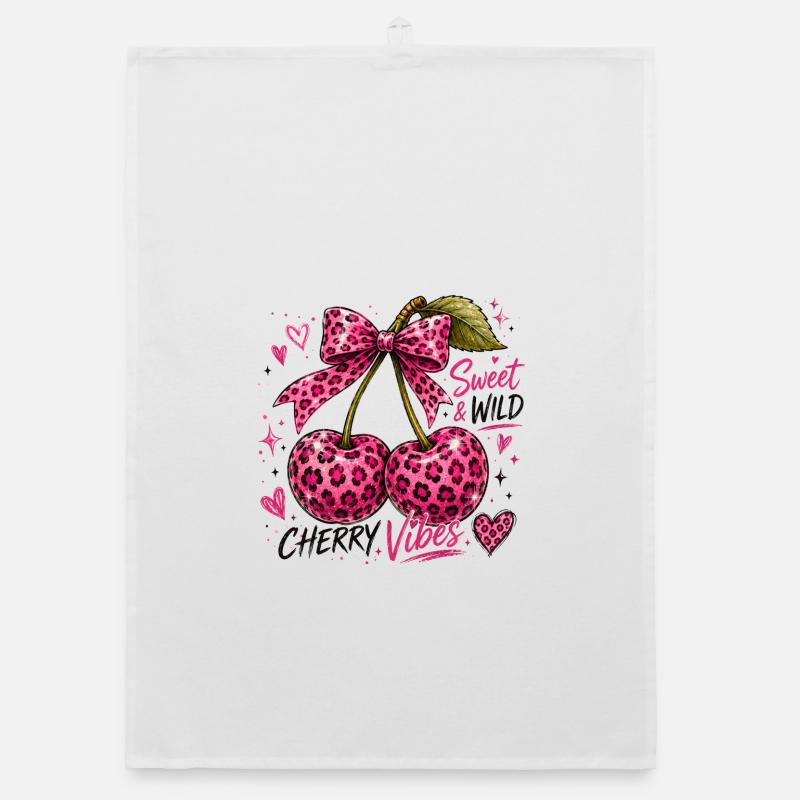 Douces ambiances cerises, cerises léopard, Torchon bio