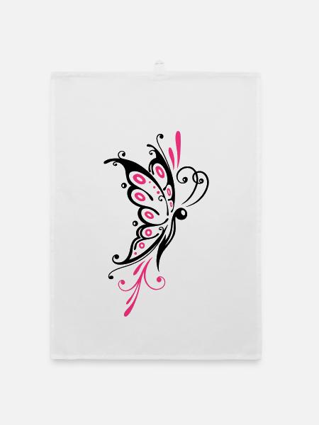 Big filigree butterfly, wings, girlie Tattoo style - Organic dish towel - white - Front
