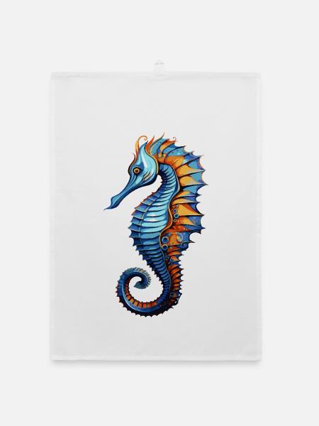 Seepferdchen Blau Orange Illustration - Organic Geschirrtuch - Weiß - Vorne