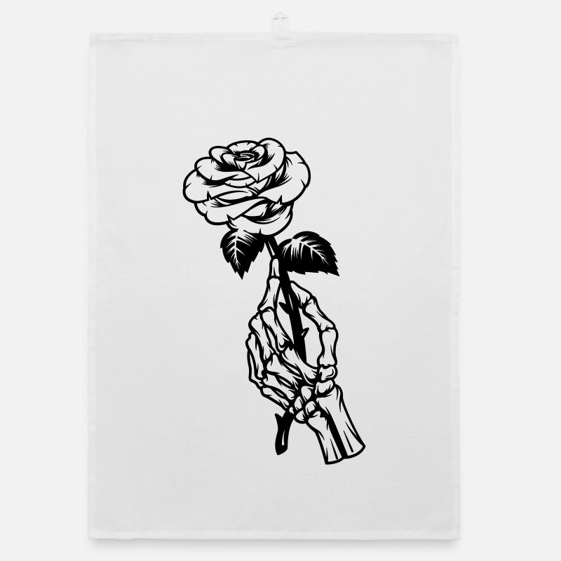 Rose dans une main, illustration, main squelette Torchon bio