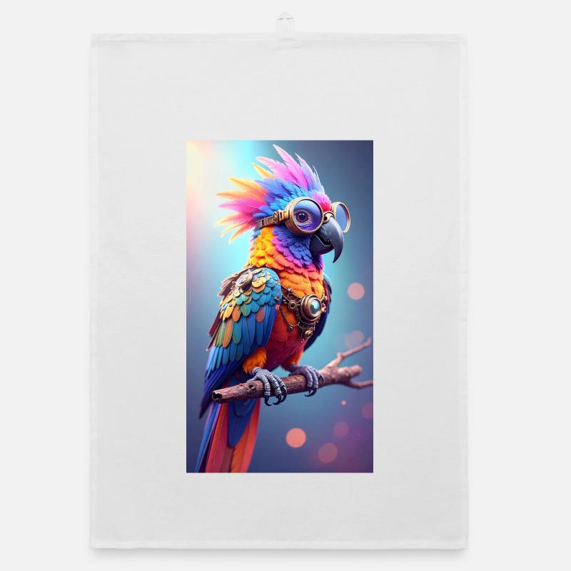 Perroquet steampunk coloré - Torchon bio - blanc
