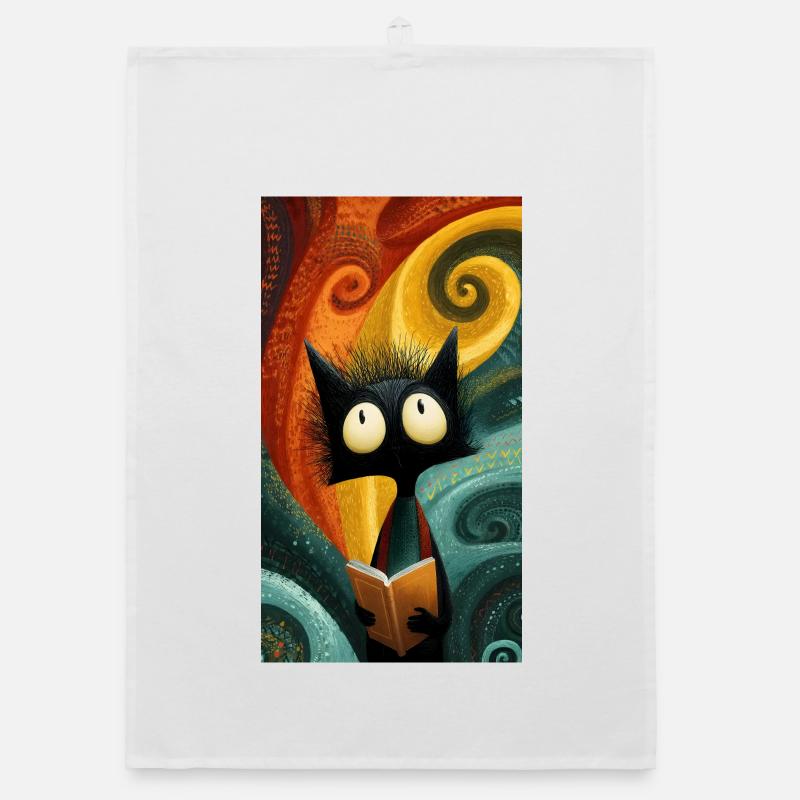 Chat noir curieux lisant livre coloré Torchon bio