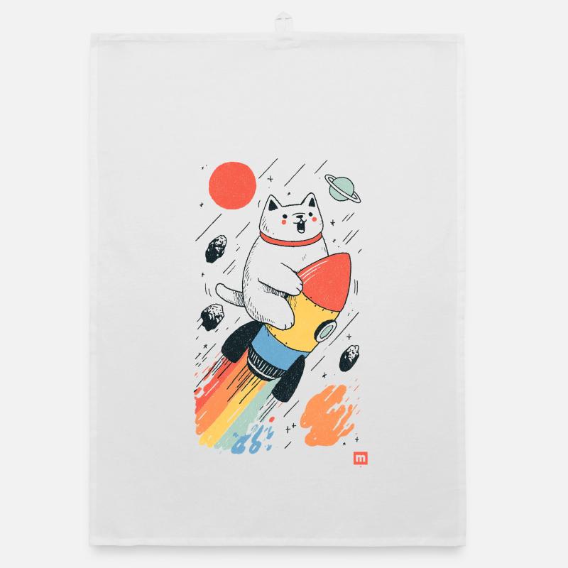 Cat on rocket in colorful space Organic dish towel