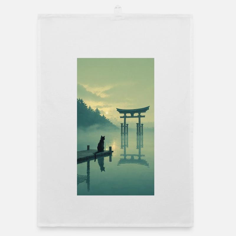 Schwarze Katze am Torii – Asian Zen Design Organic Geschirrtuch