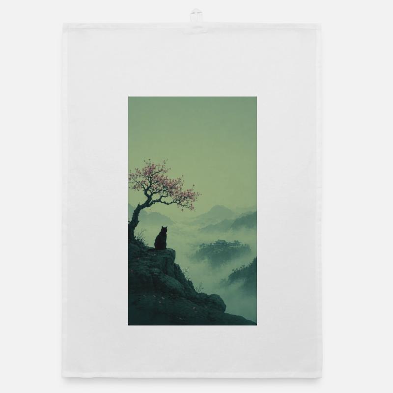 Black Cat at Sakura Tree – Asian Zen Design Organic dish towel