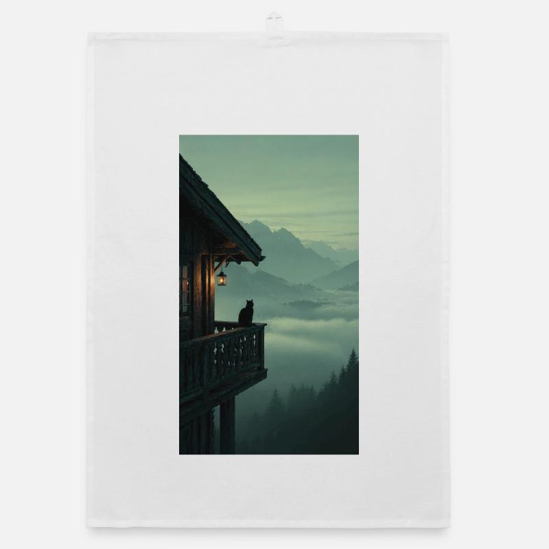 Schwarze Katze am Bergbalkon – Asian Zen Design Organic Geschirrtuch