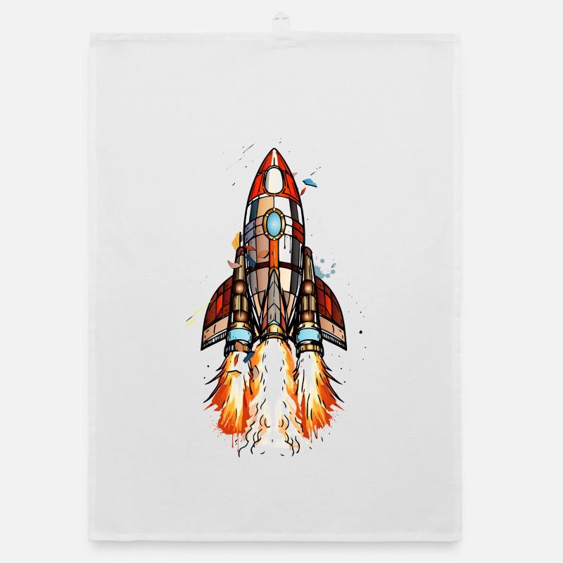 Futuristic rocket on launch in comic style Organic dish towel