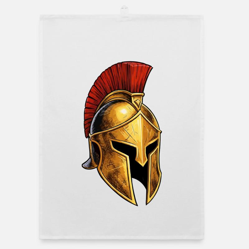 Casque spartiate doré avec plume rouge Torchon bio