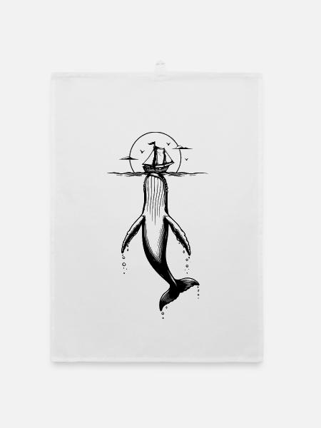 Wal & Segelschiff | Maritime Kunst - Organic Geschirrtuch - Weiß