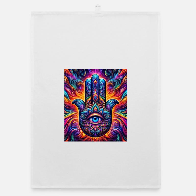 Mandala psychédélique Hamsa Œil Main-Œil - Torchon bio - blanc