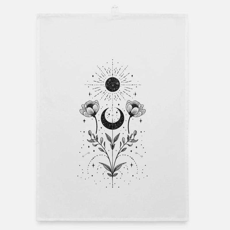 Boho sun and moon with floral elements Organic dish towel