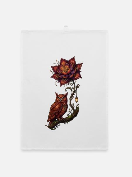 Luminescent Owl and Fire Flower - Organic dish towel - white - Front