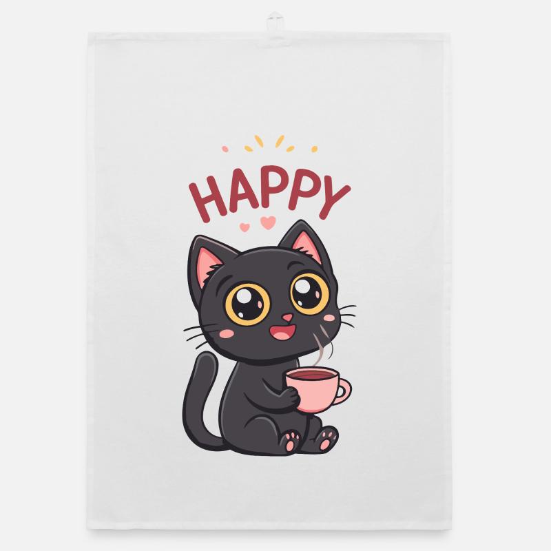 Kawaii Black Cat Coffee with Pink Mug Organic dish towel
