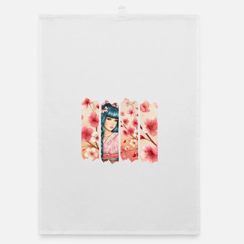 Kirschblüten Kimono Panel Portrait - Organic Geschirrtuch - Weiß