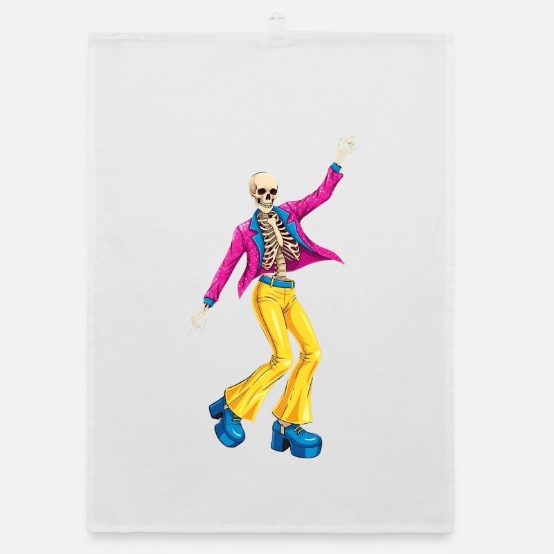Dancing skeleton in 70s retro style Organic dish towel