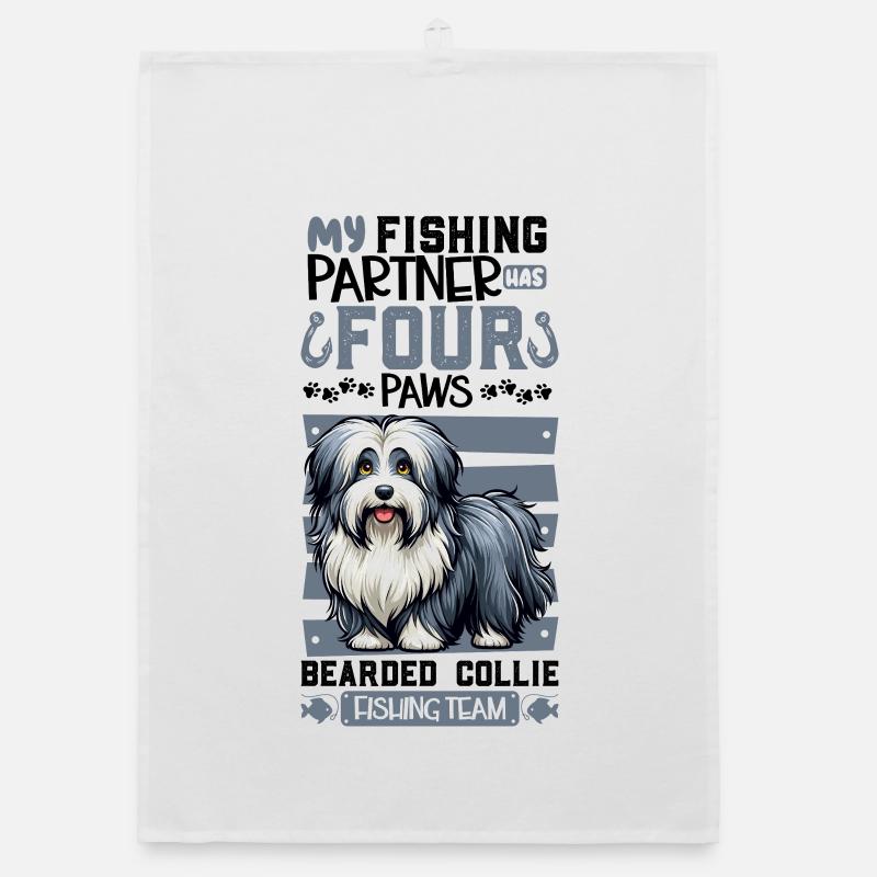 Pêche et Bearded Collie Torchon bio