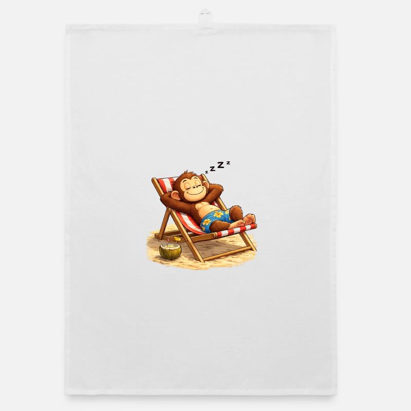 Tropical Nightcap Monkey on the Beach - Organic dish towel - white