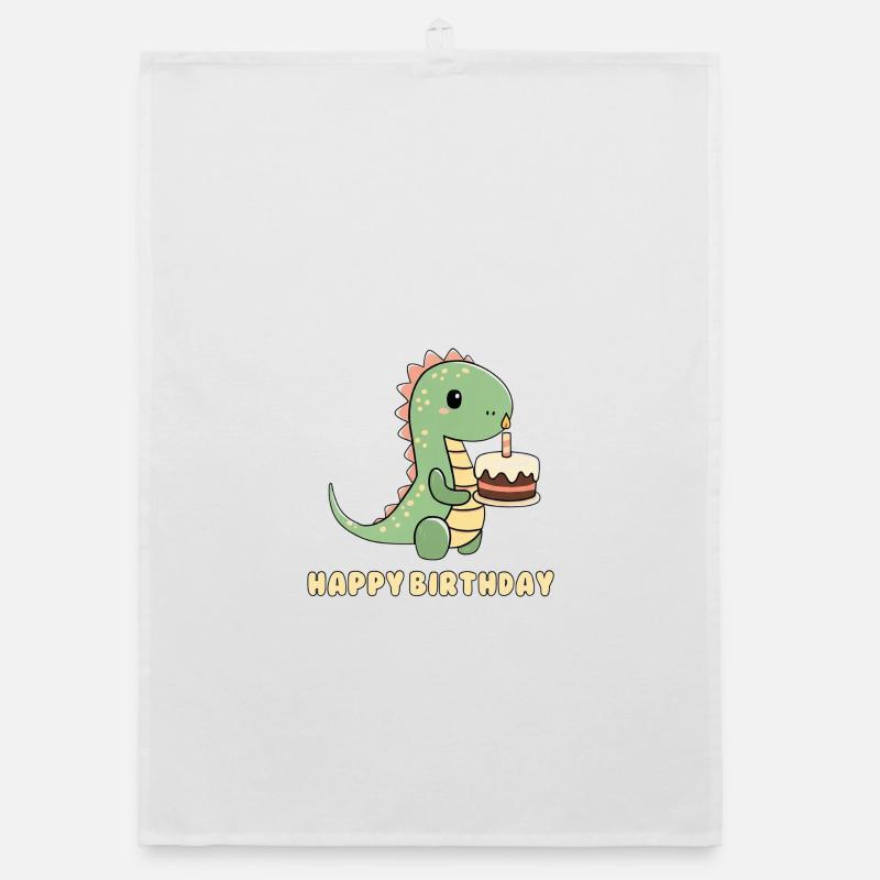 Dino mit einer Geburtstagstorte  - Organic Geschirrtuch - Weiß