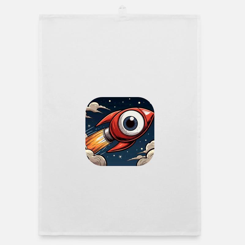 Rocket with a big eye takes off into space Comic Organic dish towel
