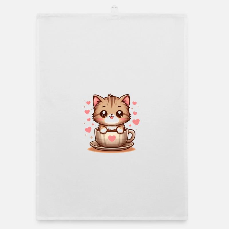 Chat avec tasse à café 2 - Torchon bio - blanc