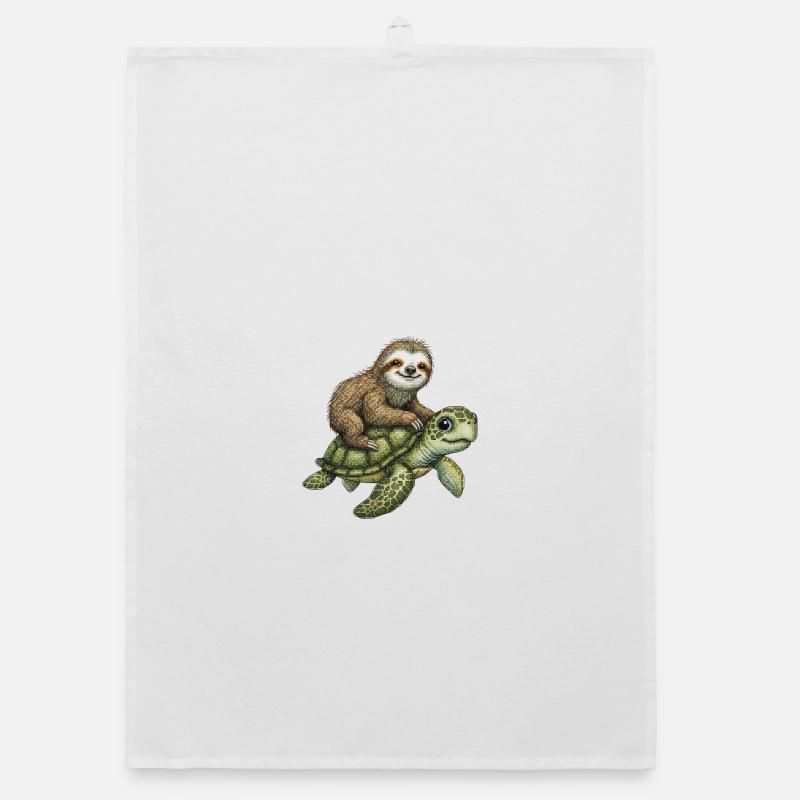Sloth on turtle illustration Organic dish towel