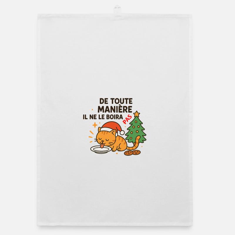 Chat festif de Noël qui refuse la boisson - Torchon bio - blanc