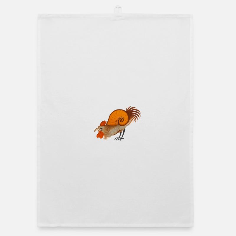 Medieval Rooster – Stylized Creature - Organic dish towel - white
