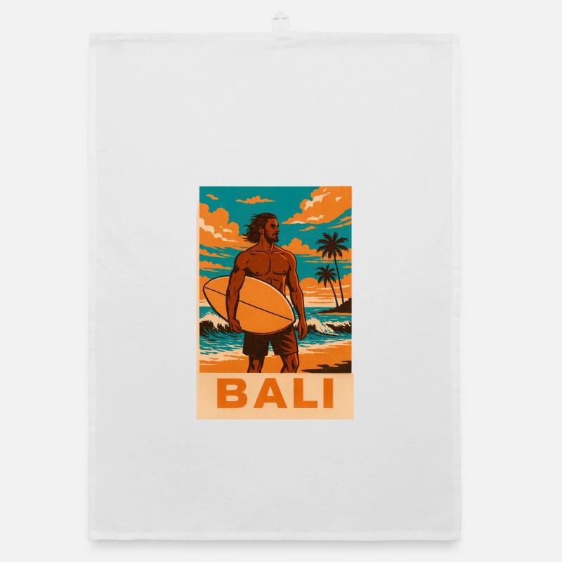 Surfeurs sur la plage de Bali Coucher de soleil Torchon bio