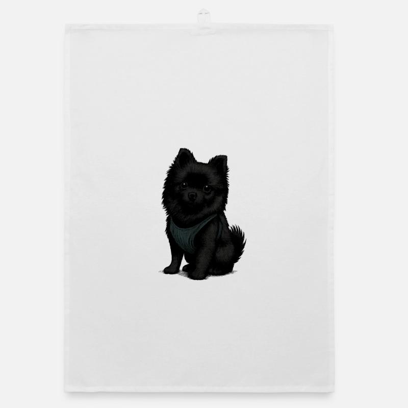 Schwarzer Spitz Hund mit Süssenblick - Organic Geschirrtuch - Weiß