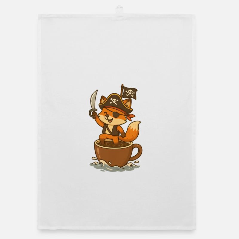 Pirate renard avec cache-œil et drapeau au trésor Torchon bio