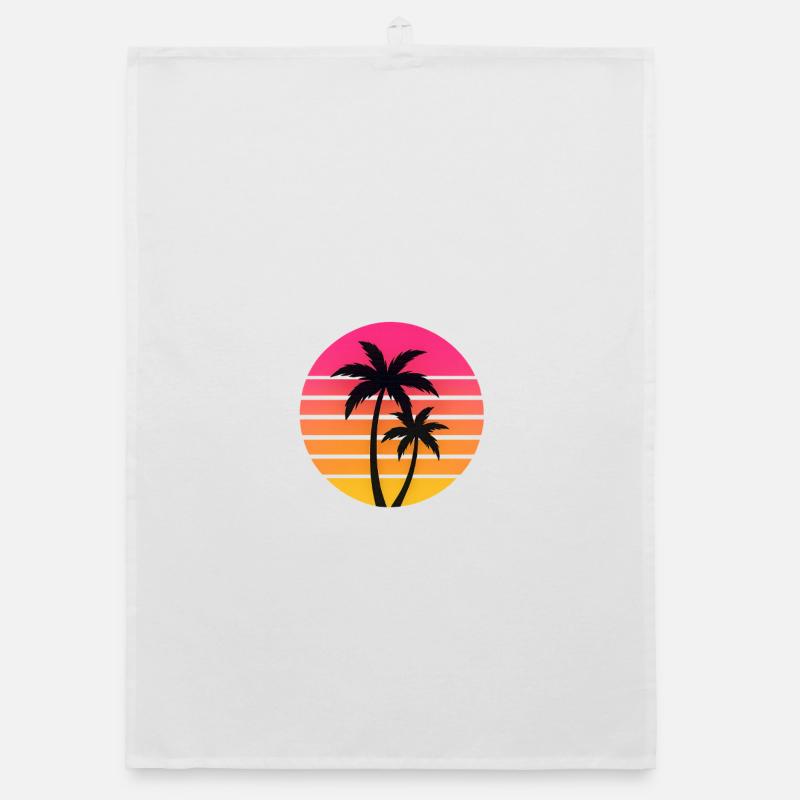 Coucher de soleil palmiers Silhouette Retro - Torchon bio - blanc