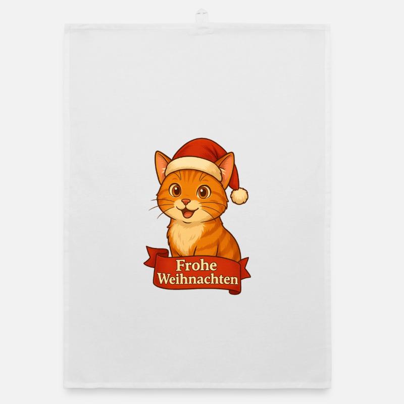 Katzenweihnachtskater mit Santa-Hut - Organic Geschirrtuch - Weiß