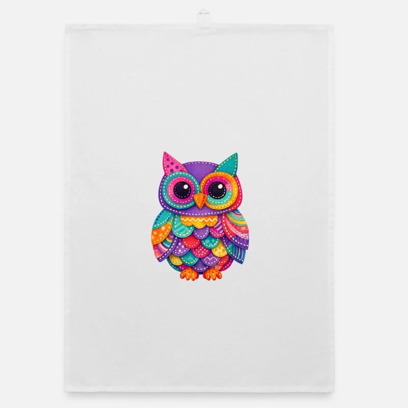 Magie du Hibou en Patchwork - Torchon bio - blanc