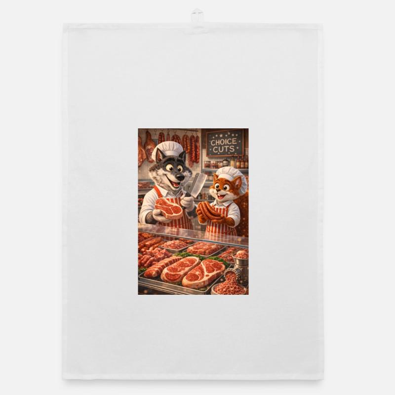 Herr Wolf und Herr Eichhörnchen in einer Metzgerei Organic Geschirrtuch