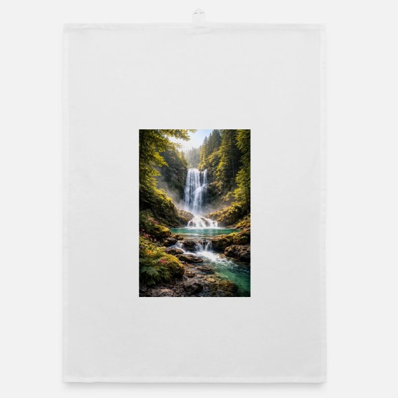 Grünflächen am Wasserfall - Organic Geschirrtuch - Weiß