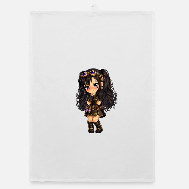 Luna chibi steampunk avec des étincelles violettes - Torchon bio - blanc