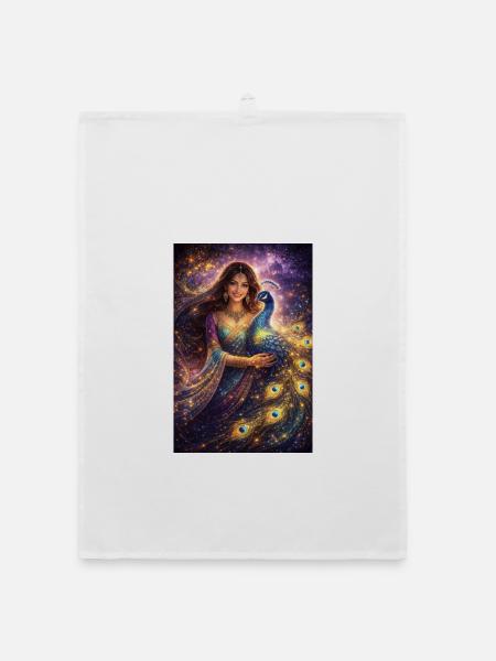 Femme indienne mystique avec un paon - Torchon bio - blanc - Devant
