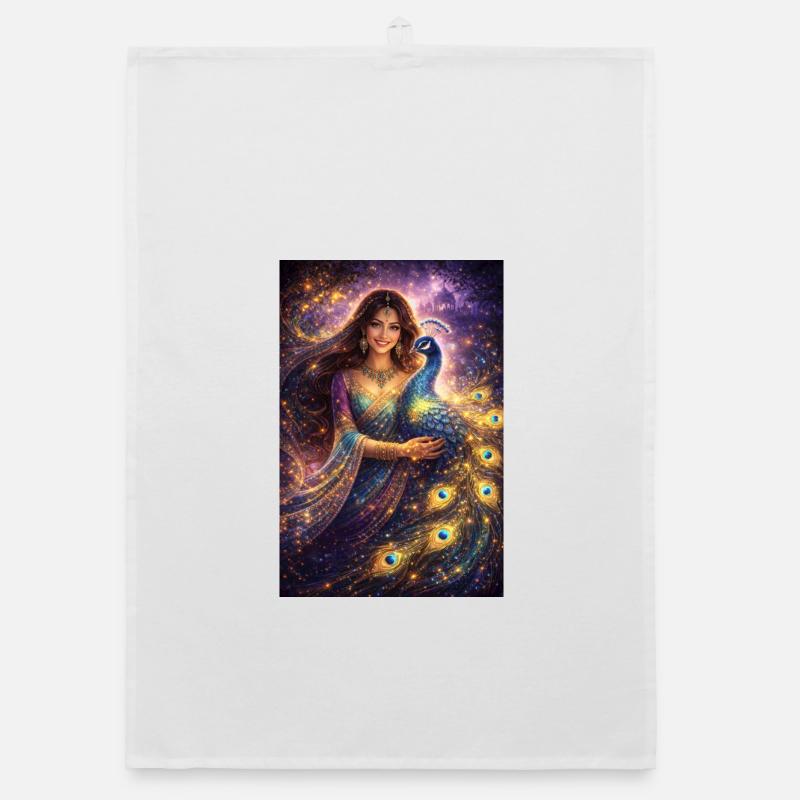 Mystical Indian Woman with Glowing Peacock Organic dish towel