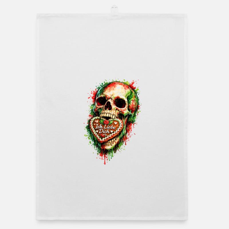 Skull biting into gingerbread heart. AI generated Organic dish towel