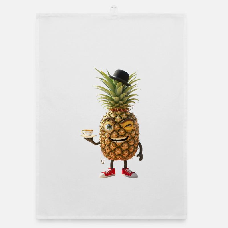 Whimsical Pineapple with Bowler Hat Organic dish towel