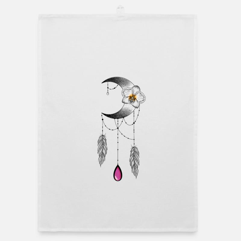 Lune orchidée plume et perle type attrape rêve  - Torchon bio - blanc